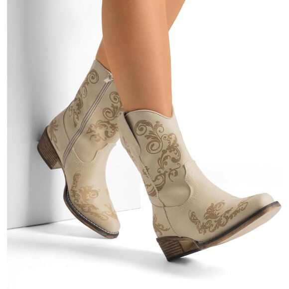 Dream Pairs Women's Beige Western Low Chunky Heels Square Toe Fall Ankle Boots - Picture 6 of 7